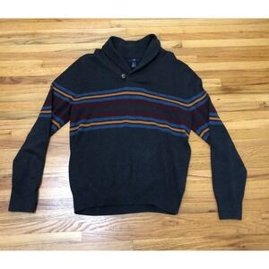 VTG Y2K Gap Pullover Jumper Sweater Men M Gray Knit Rainbow Striped Shawl Collar